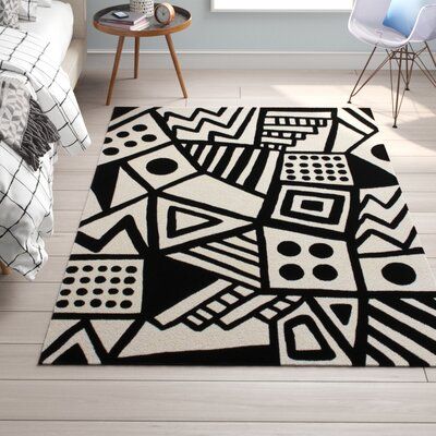 Ivory and Black Color Geomatrical Design Area Rug-bisha-rugs