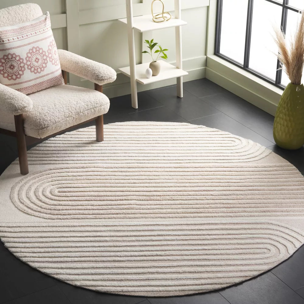 Round Beige Color Hand Tufted Rug-Bisha-Rugs