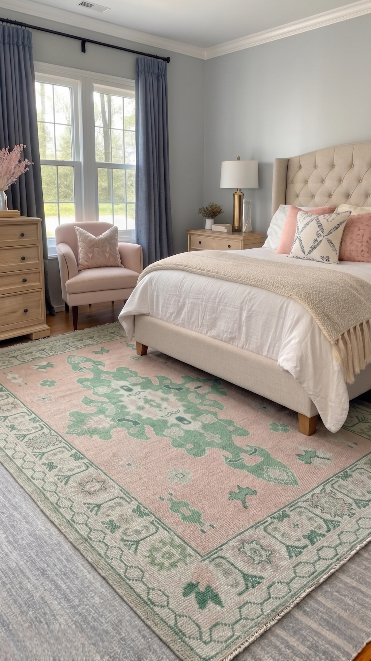 ALVERON Oushak Wool Area Rug - Muted Pink & Brown Vintage Rug