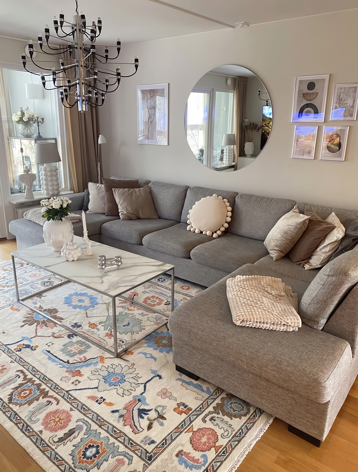 CAMBERTON Hand-Knotted Ivory Oushak Rug - Pastel Floral Wool Carpet