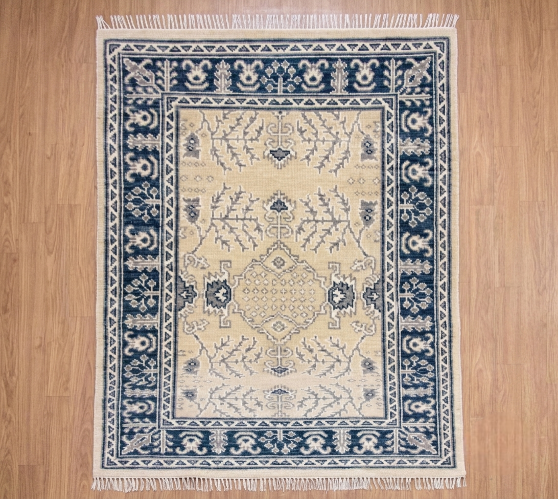 CALIENNE Oriental Rug – Beige & Navy Blue Turkish Oushak Carpet