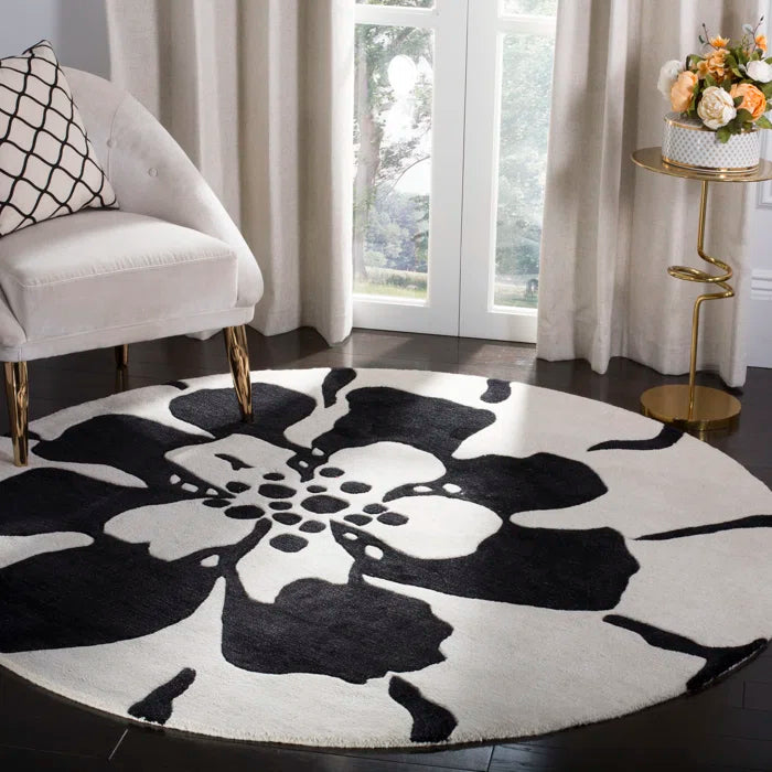 Black and White Floral Round Area Rug