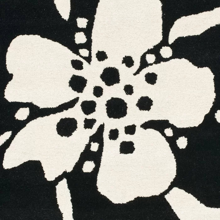 Black and White Floral Round Area Rug