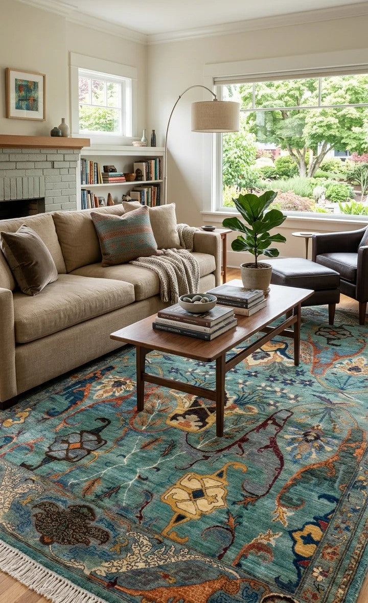 oushak rug living room hand knotted Turkish transitional interior