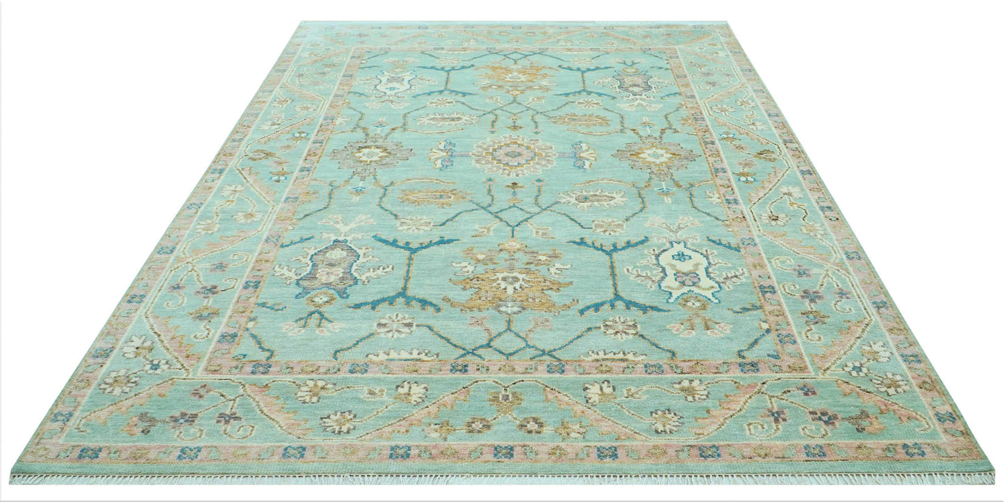 Aqua Hand Knotted Traditional Oushak  Wool Area Rug