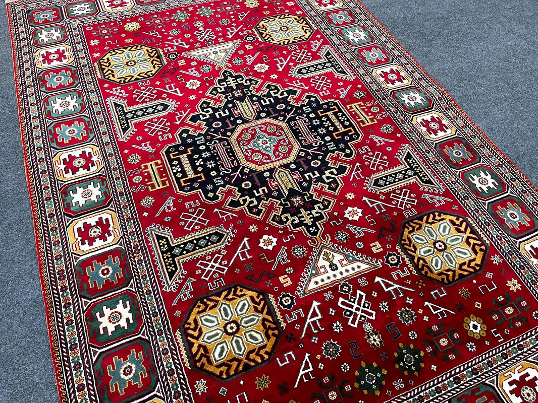 The Crimson Avian Heritage Rug - Tribal Geometric Medallion Hand-Knotted Afghan Kazak Wool Area Rug