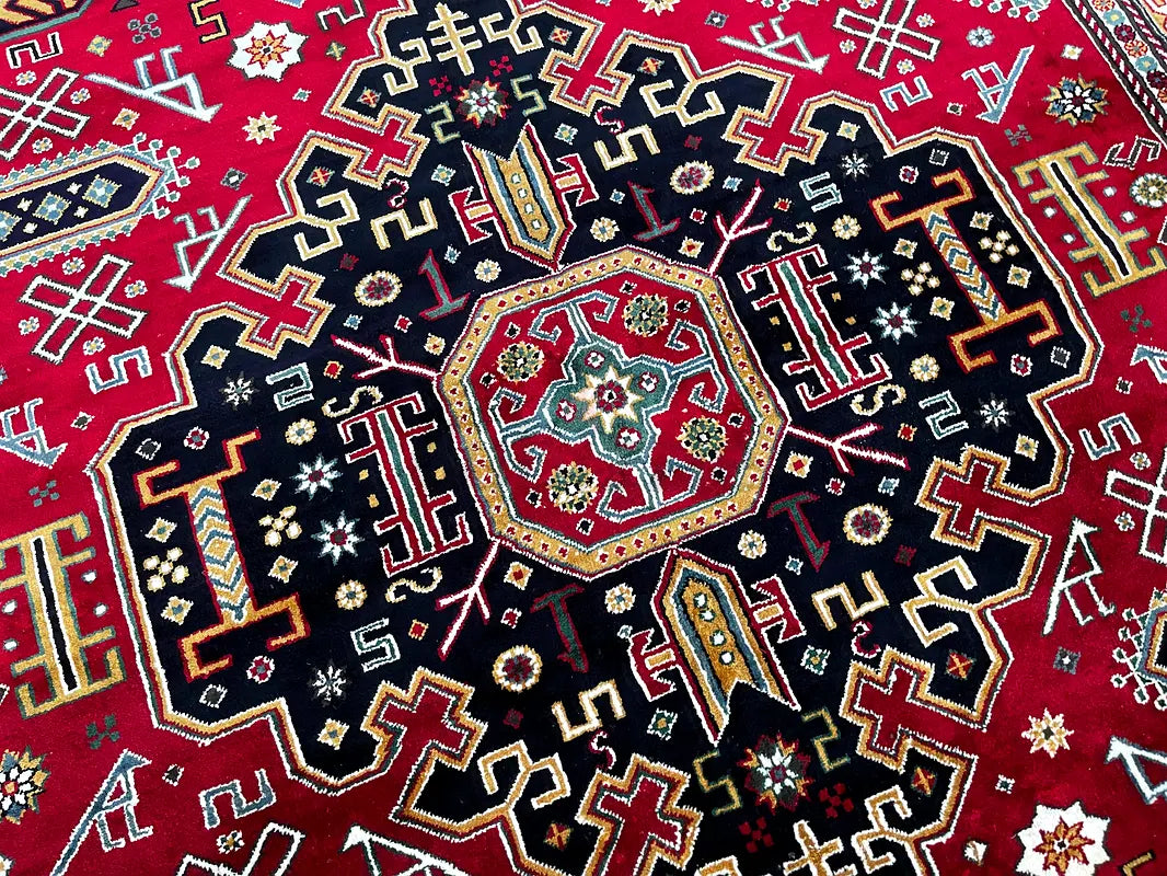 The Crimson Avian Heritage Rug - Tribal Geometric Medallion Hand-Knotted Afghan Kazak Wool Area Rug