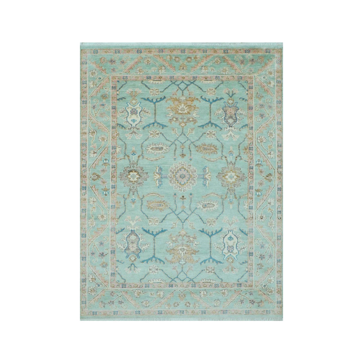 Aqua Hand Knotted Traditional Oushak  Wool Area Rug