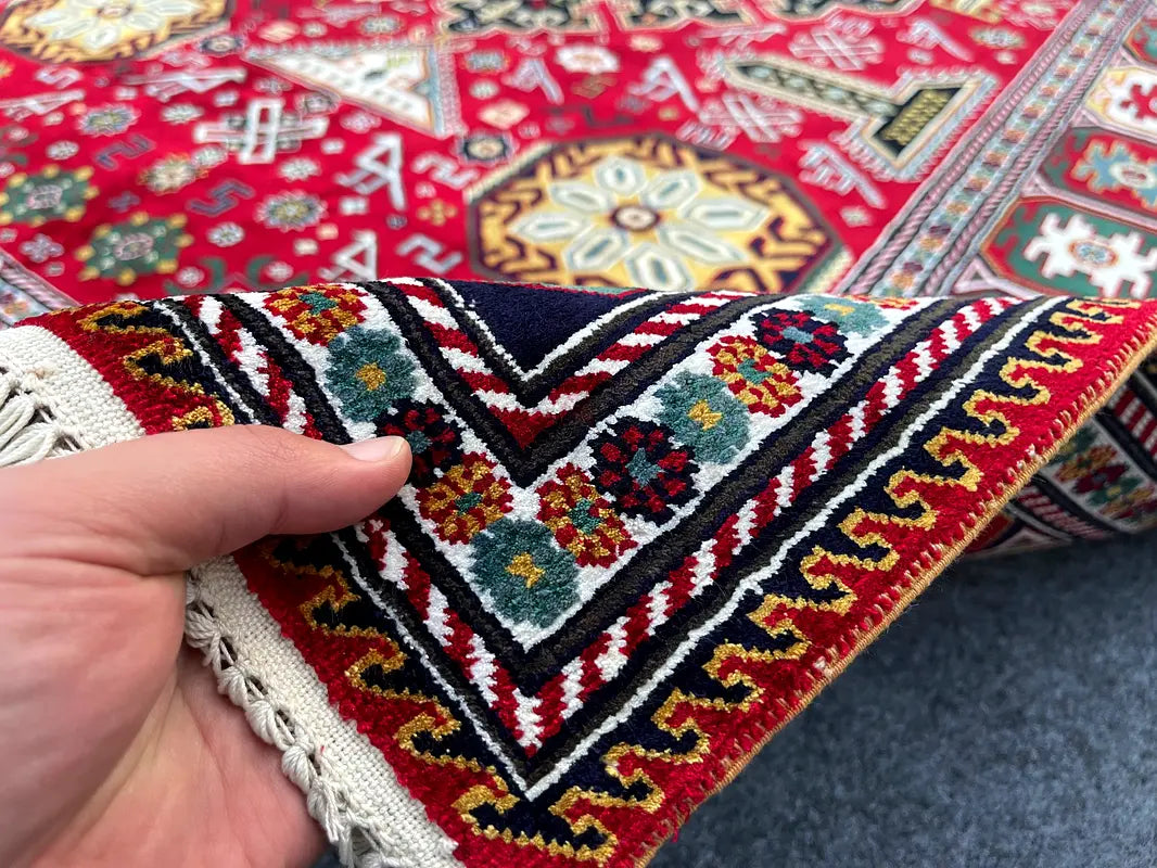 The Crimson Avian Heritage Rug - Tribal Geometric Medallion Hand-Knotted Afghan Kazak Wool Area Rug
