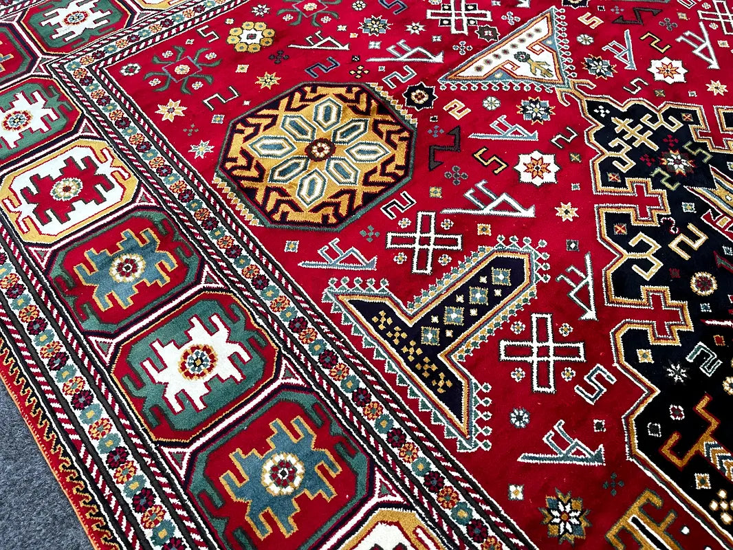 The Crimson Avian Heritage Rug - Tribal Geometric Medallion Hand-Knotted Afghan Kazak Wool Area Rug
