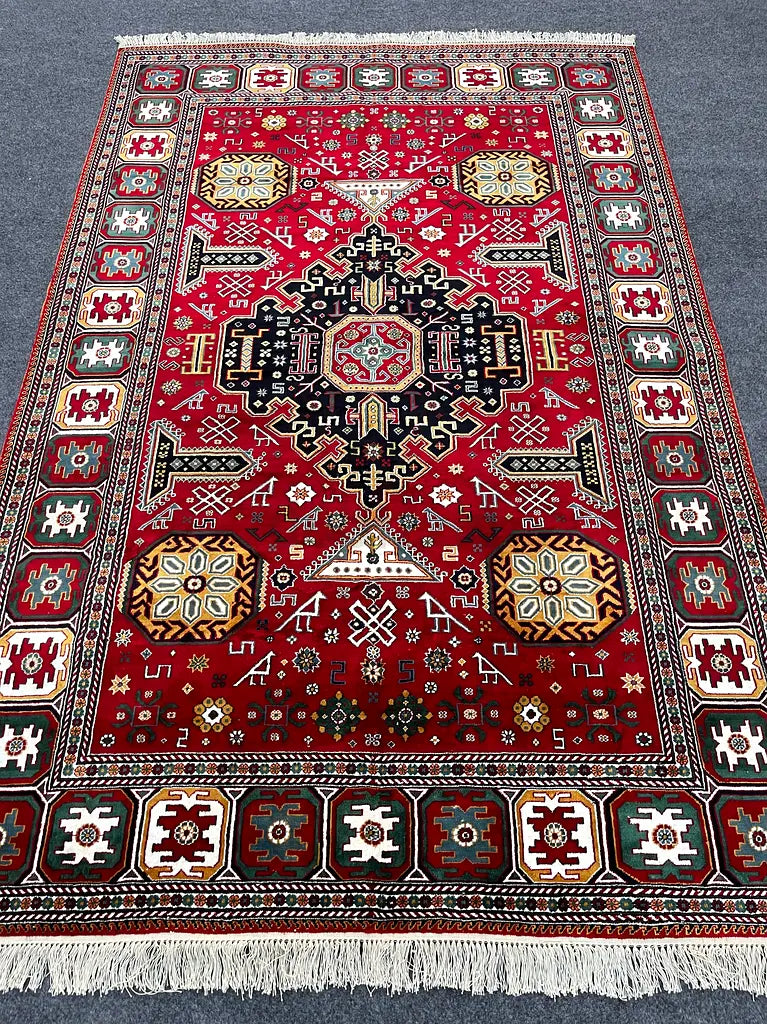 The Crimson Avian Heritage Rug - Tribal Geometric Medallion Hand-Knotted Afghan Kazak Wool Area Rug