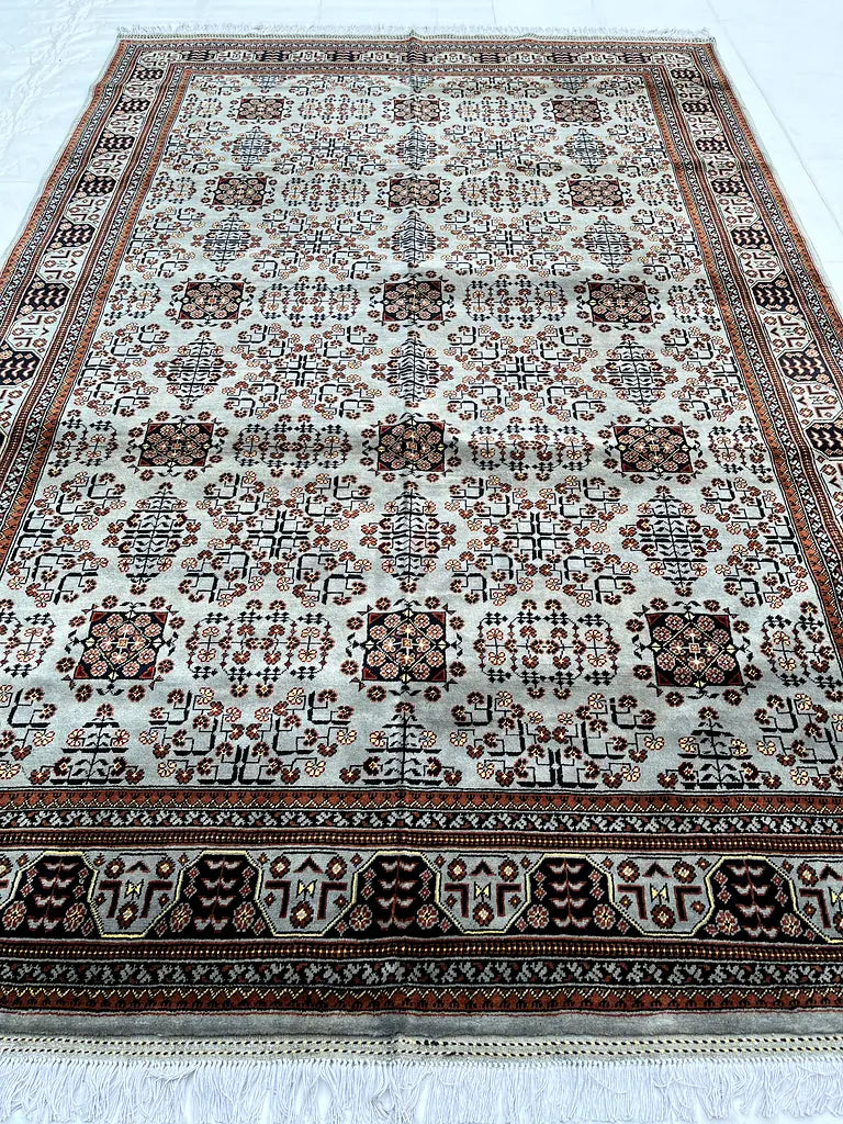 The Alabaster Gul Geometric Tribal Area Rug - Ivory & Mahogany Hand-Knotted Afghan Bokhara Wool Rug