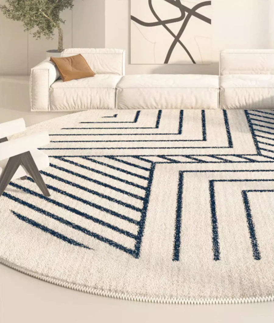 Round Black Color Striped Design Wool Area Rug-BIsha-Rug