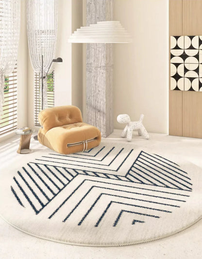 Round Black Color Striped Design Wool Area Rug-BIsha-Rug