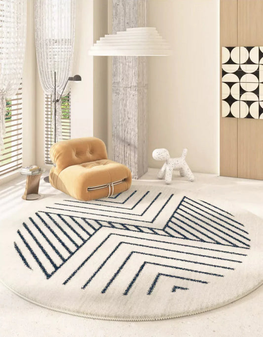 Round Black Color Striped Design Wool Area Rug-BIsha-Rug