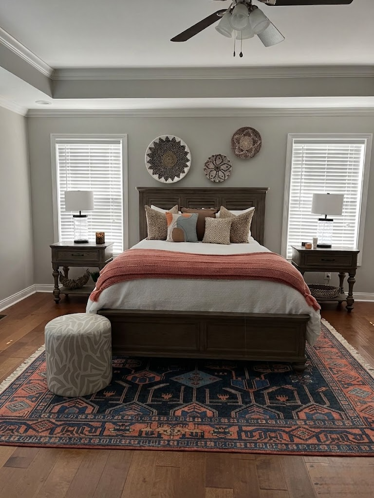 ARISTON Hand Knotted Wool Rug - Blue, Coral, Rust Tribal Geometric Design