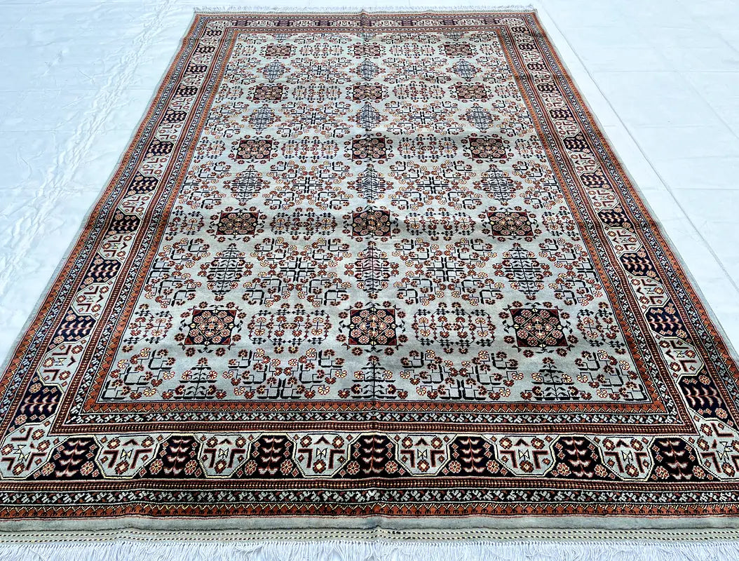 The Alabaster Gul Geometric Tribal Area Rug - Ivory & Mahogany Hand-Knotted Afghan Bokhara Wool Rug