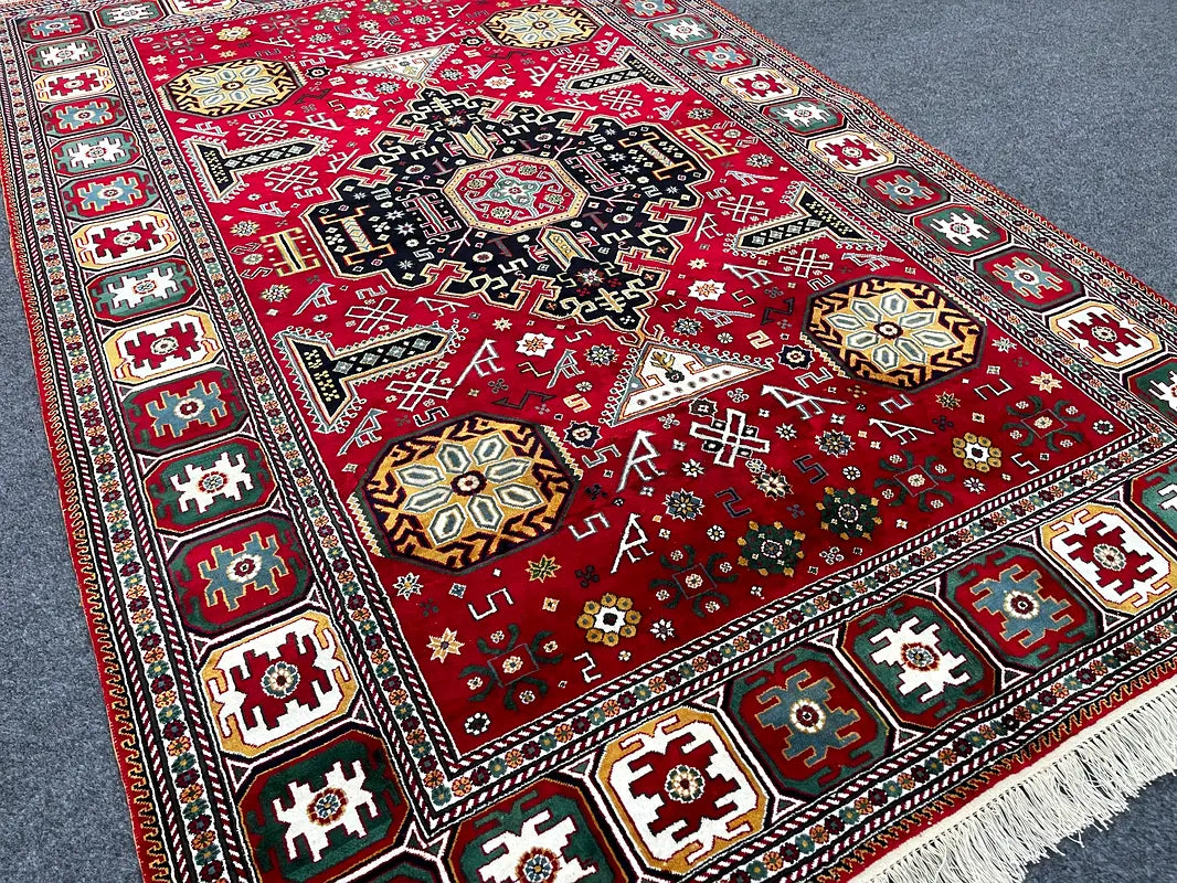 The Crimson Avian Heritage Rug - Tribal Geometric Medallion Hand-Knotted Afghan Kazak Wool Area Rug