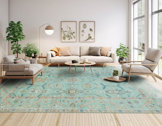 Aqua Hand Knotted Traditional Oushak  Wool Area Rug