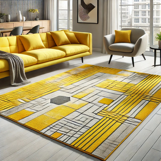 Yellow Contemporary and Geometrical Designer Area Rug - Made in High Quality Wool