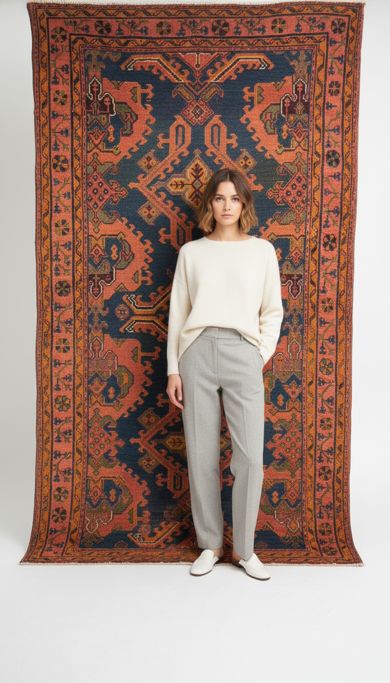 Woman standing in front of a large decorative rug with intricate patterns.