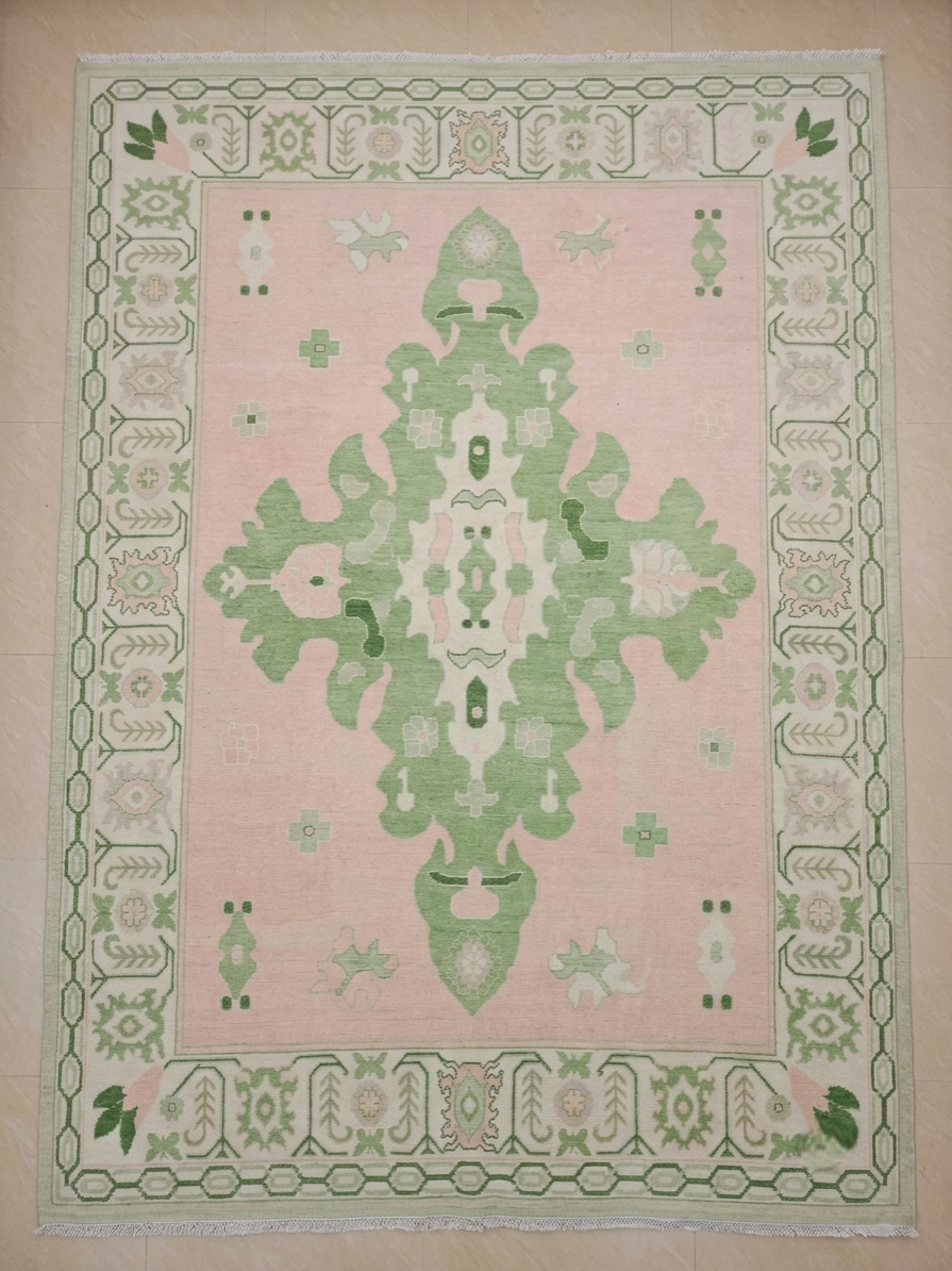 ALVERON Oushak Wool Area Rug - Muted Pink & Brown Vintage Rug
