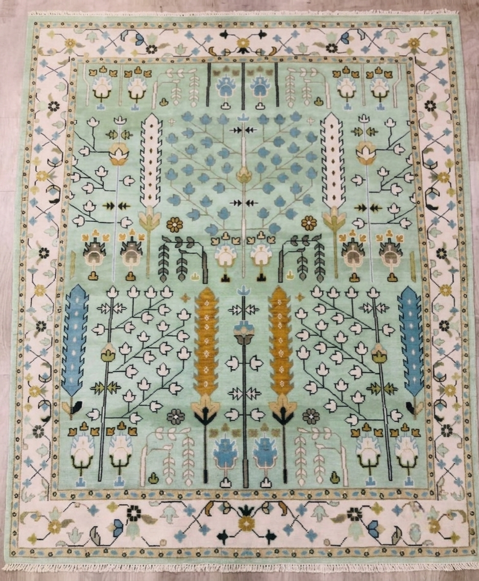 LUNARA Hand Knotted Wool Oushak Rug - Tree of Life, Green & Ivory