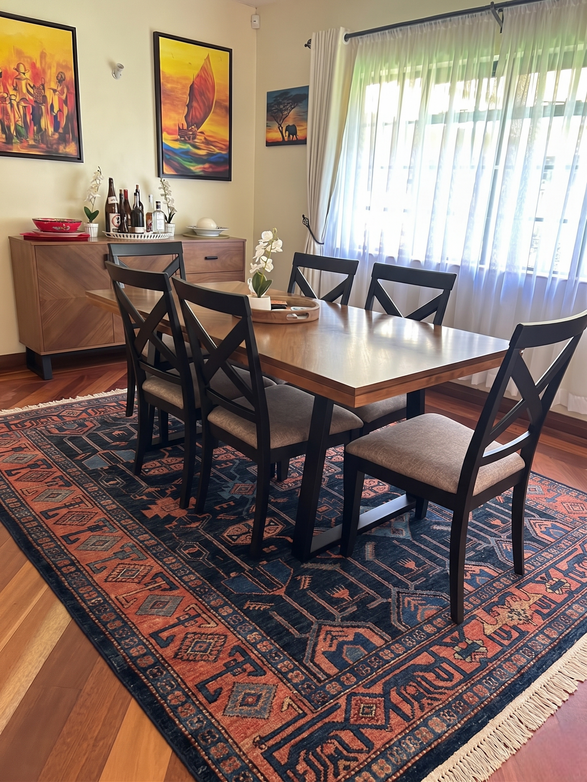 ARISTON Hand Knotted Wool Rug - Blue, Coral, Rust Tribal Geometric Design