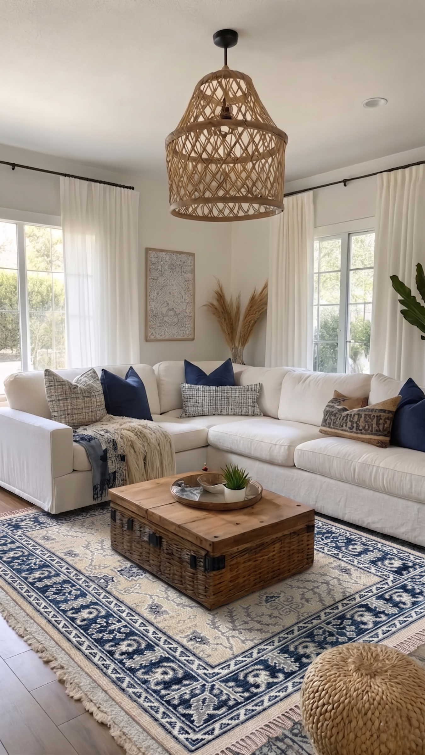 CALIENNE Oriental Rug – Beige & Navy Blue Turkish Oushak Carpet