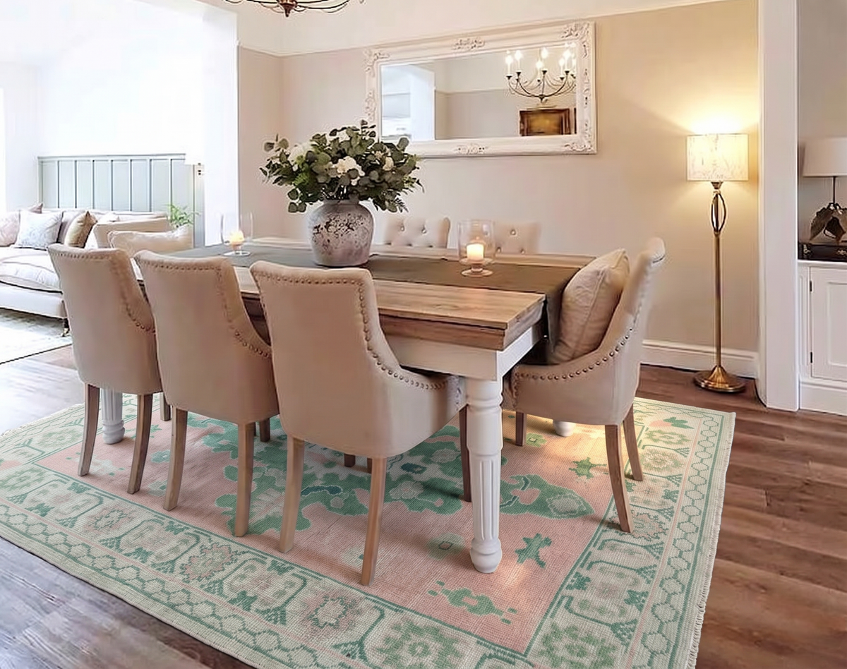 ALVERON Oushak Wool Area Rug - Muted Pink & Brown Vintage Rug