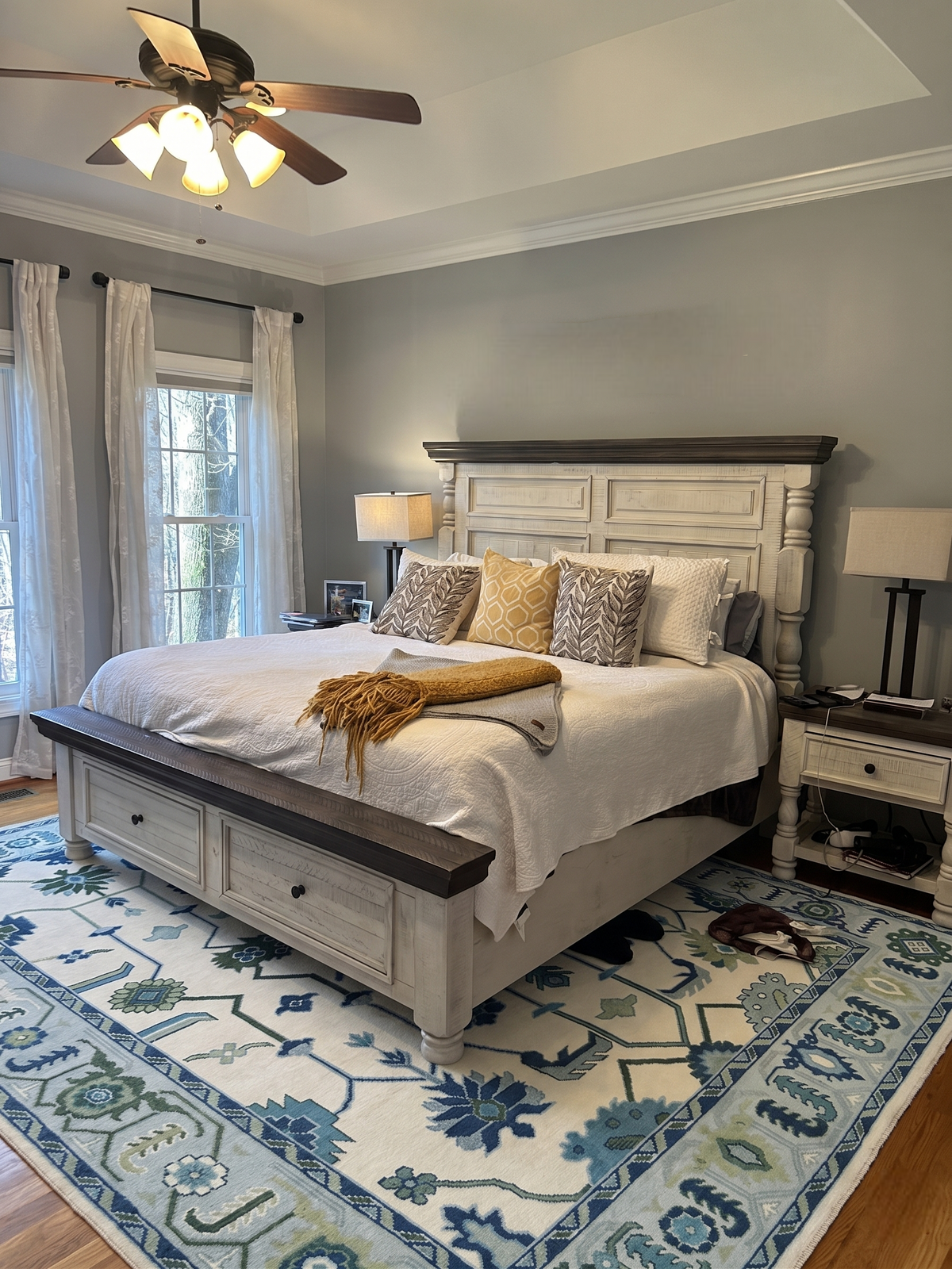 ARDENHALL Hand-Knotted Oushak Wool Rug - Cream and Sky Blue Oriental Style