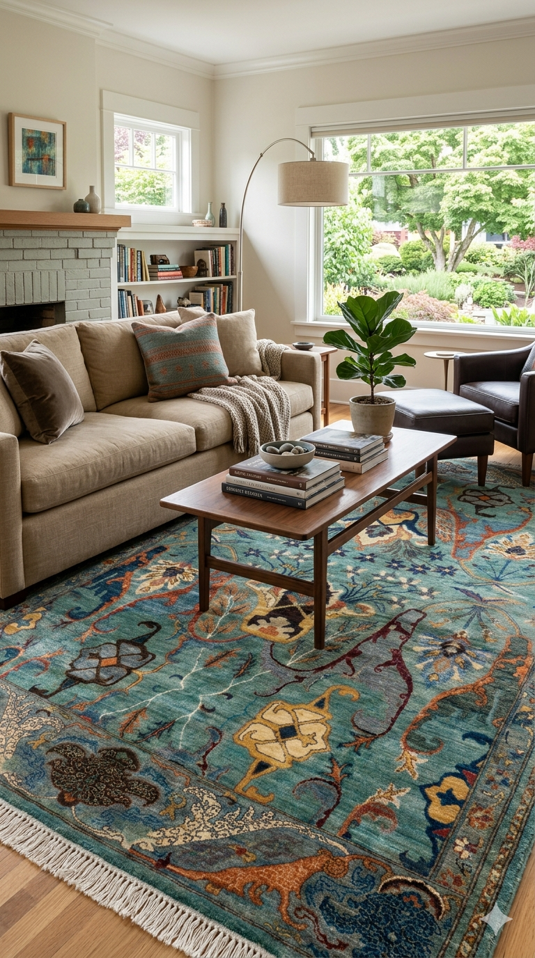 The Midnight Peacock Palmette Rug - Transitional Hand-Knotted