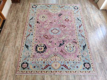 Pink and Blue Oushak Wool Area Rug