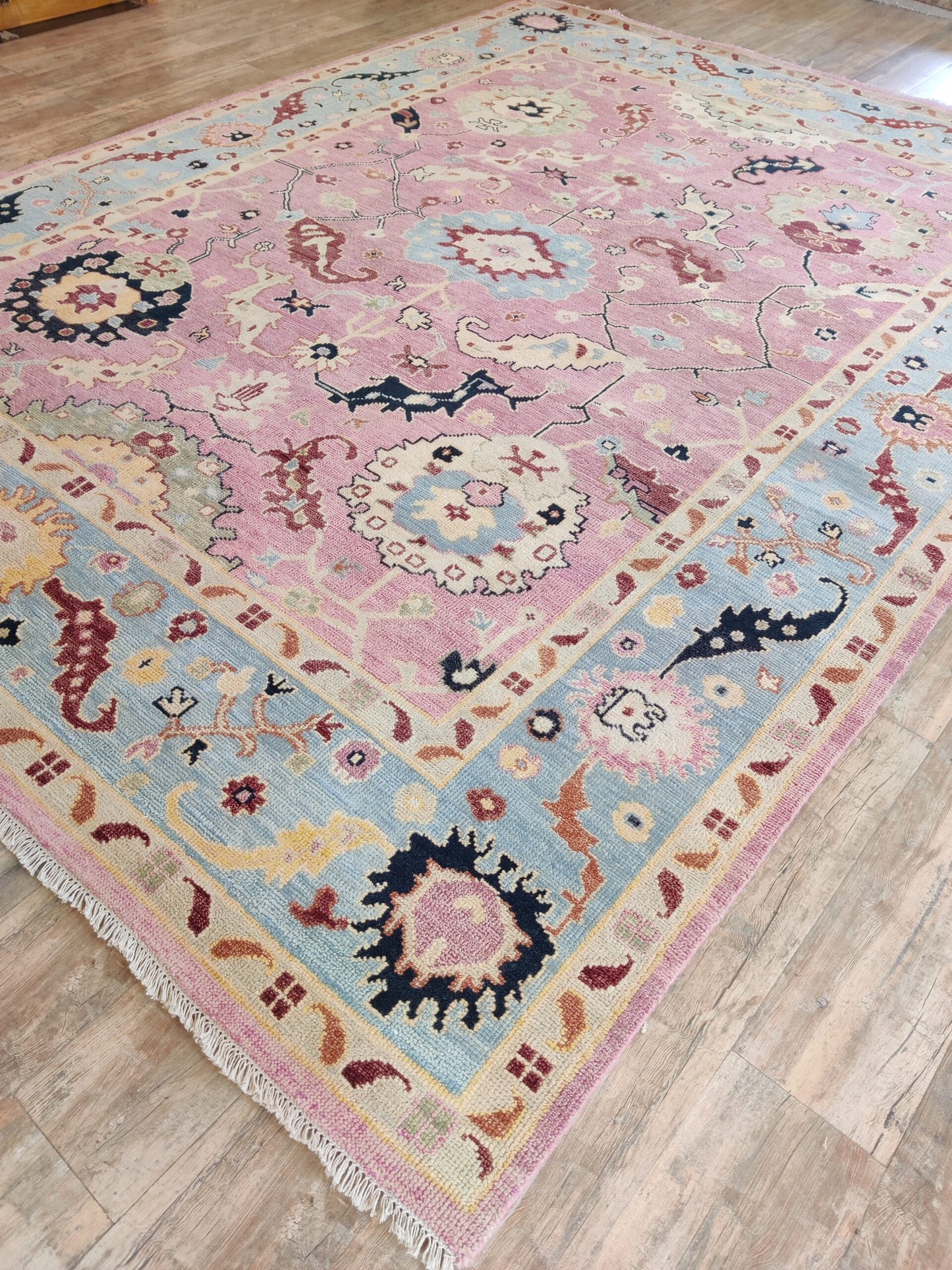 Pink and Blue Oushak Wool Area Rug