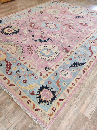 Pink and Blue Oushak Wool Area Rug