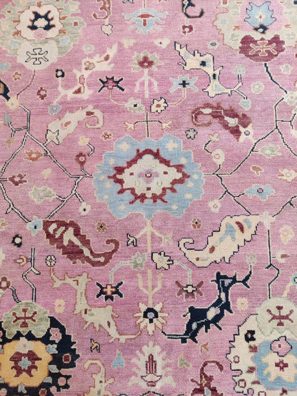 Pink and Blue Oushak Wool Area Rug