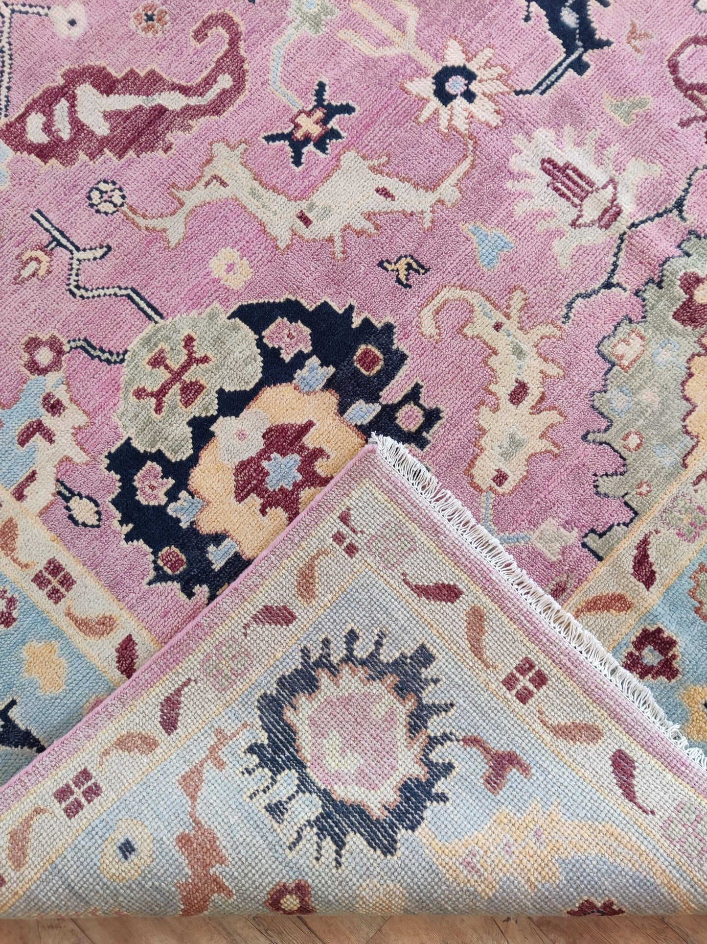 Pink and Blue Oushak Wool Area Rug