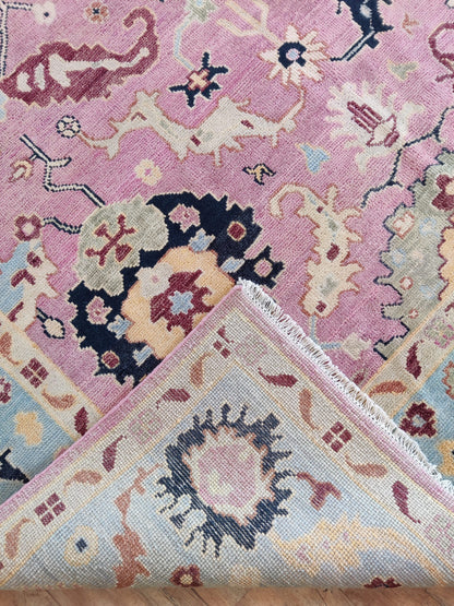 Pink and Blue Oushak Wool Area Rug