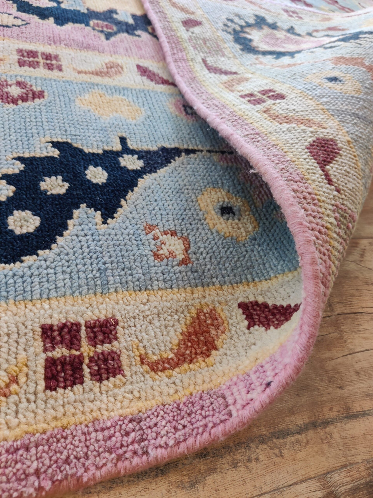 Pink and Blue Oushak Wool Area Rug