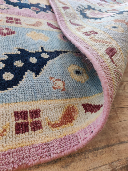 Pink and Blue Oushak Wool Area Rug