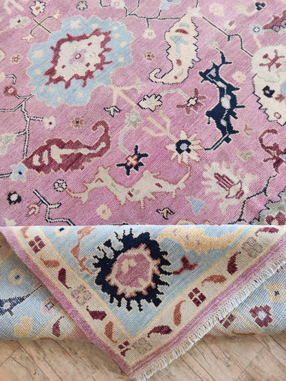 Pink and Blue Oushak Wool Area Rug