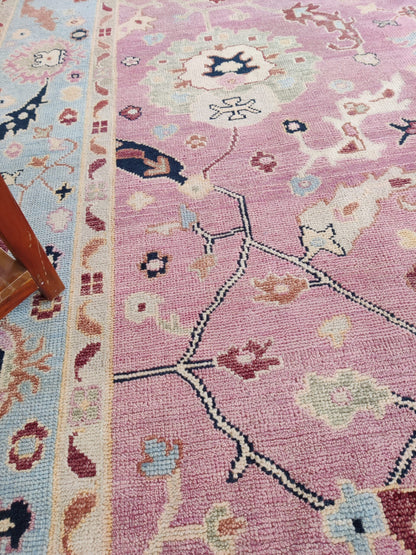 Pink and Blue Oushak Wool Area Rug