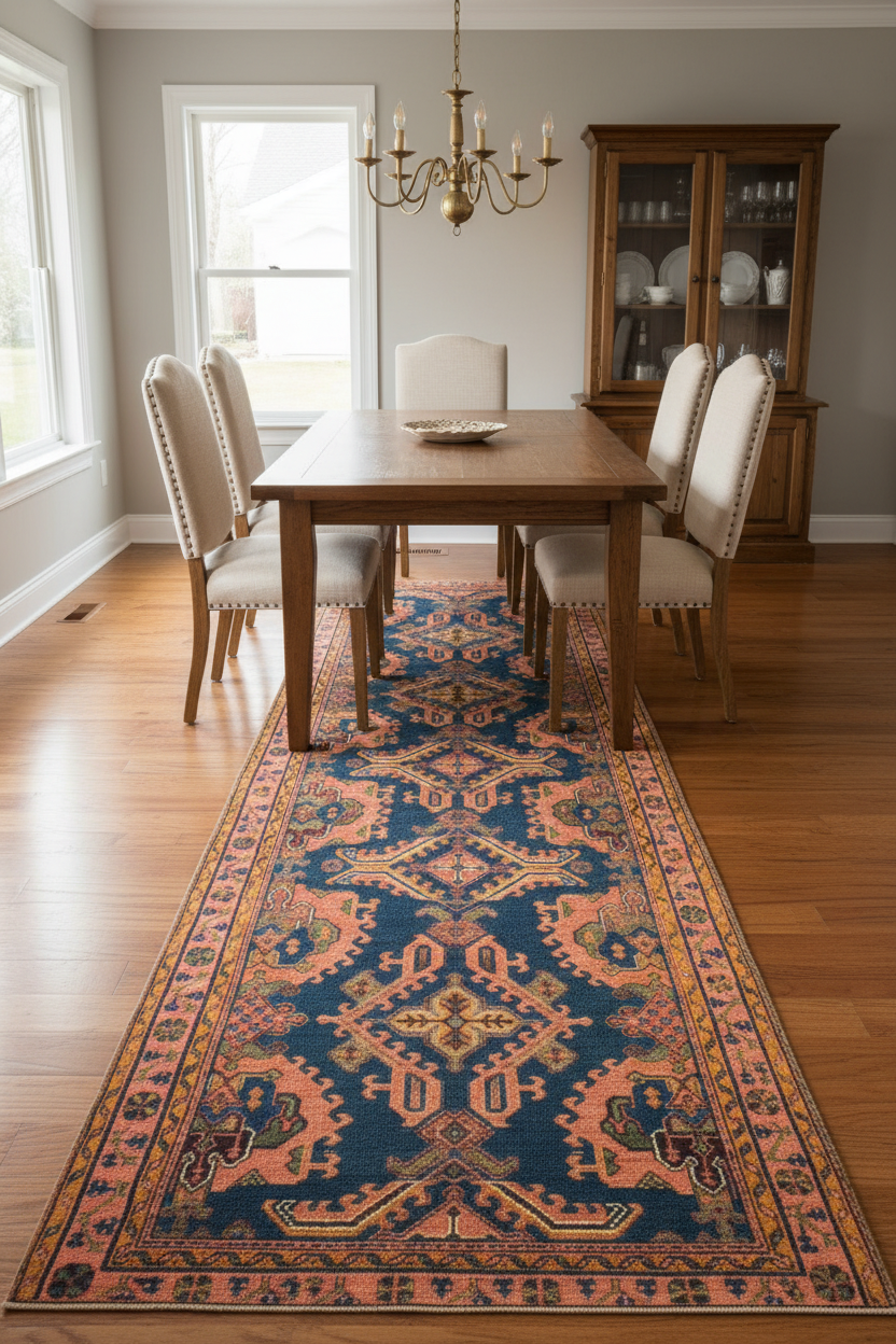 Decorative rug with geometric pattern on a kitchen floor
