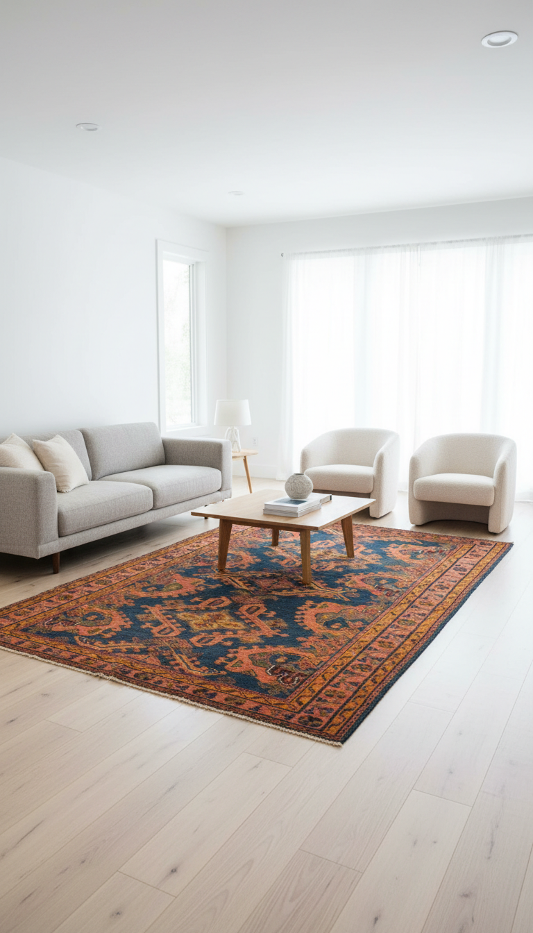 Living room with a patterned rug, sofa, coffee table, and chairs.