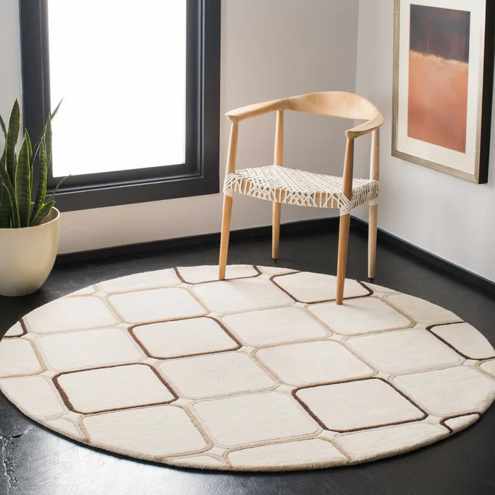 RD007 White Round Rug with Geometrical Patterns for Bedroom & Living Room.