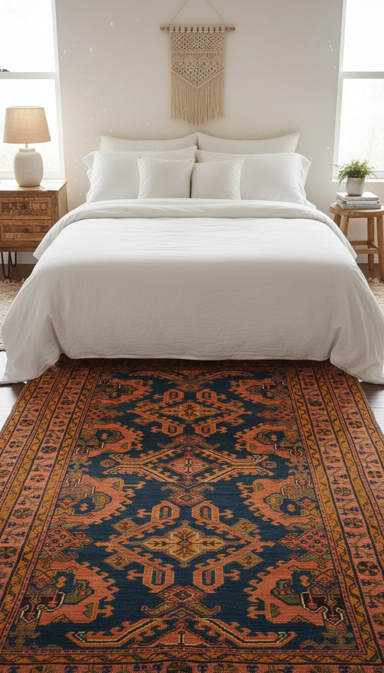 Bedroom with a patterned rug, bed, and decorative wall hanging.