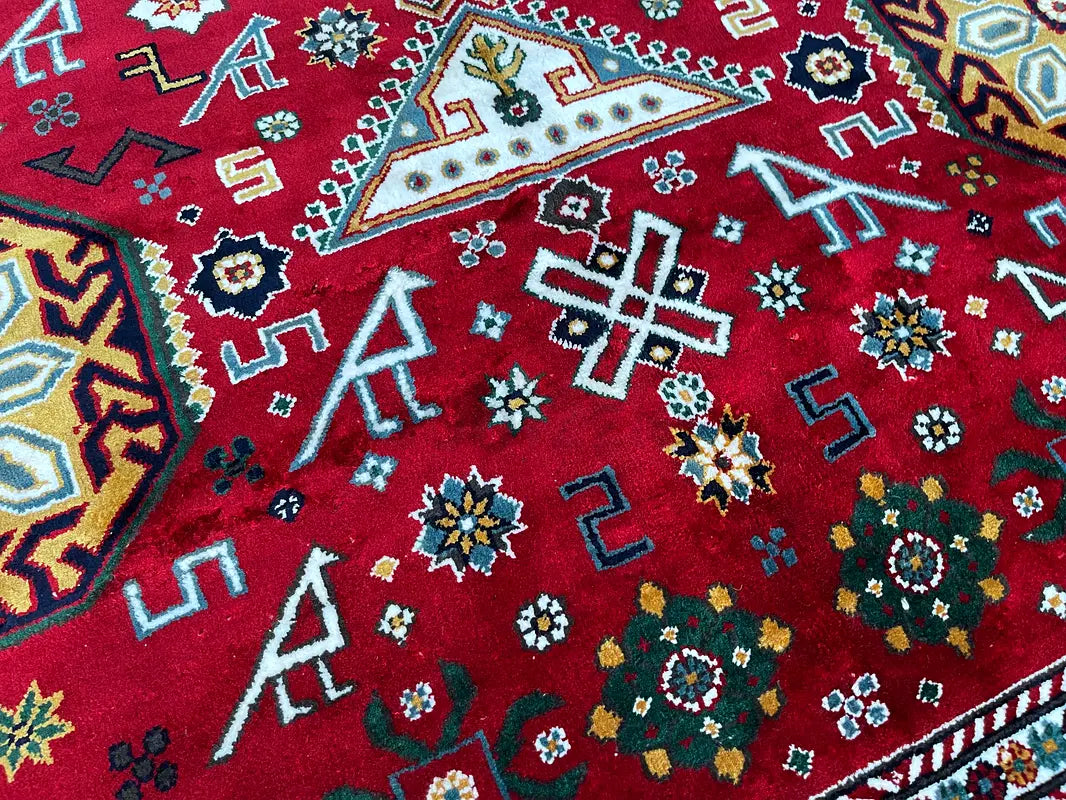 The Crimson Avian Heritage Rug - Tribal Geometric Medallion Hand-Knotted Afghan Kazak Wool Area Rug
