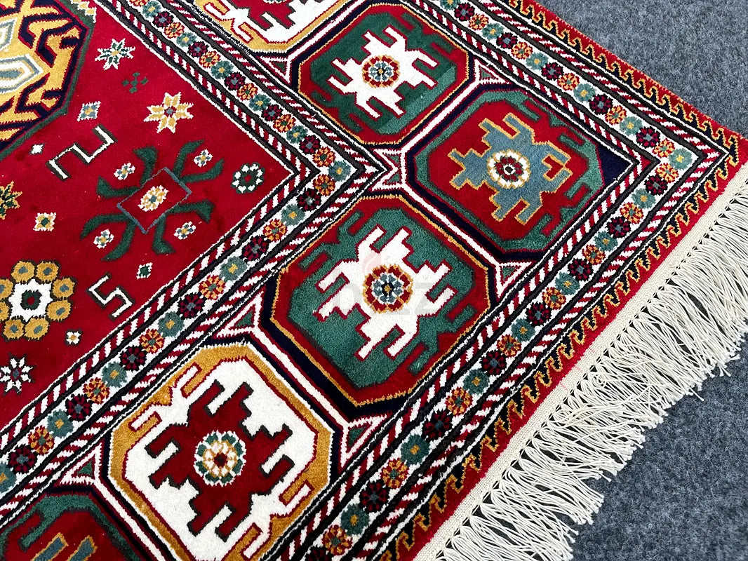 The Crimson Avian Heritage Rug - Tribal Geometric Medallion Hand-Knotted Afghan Kazak Wool Area Rug