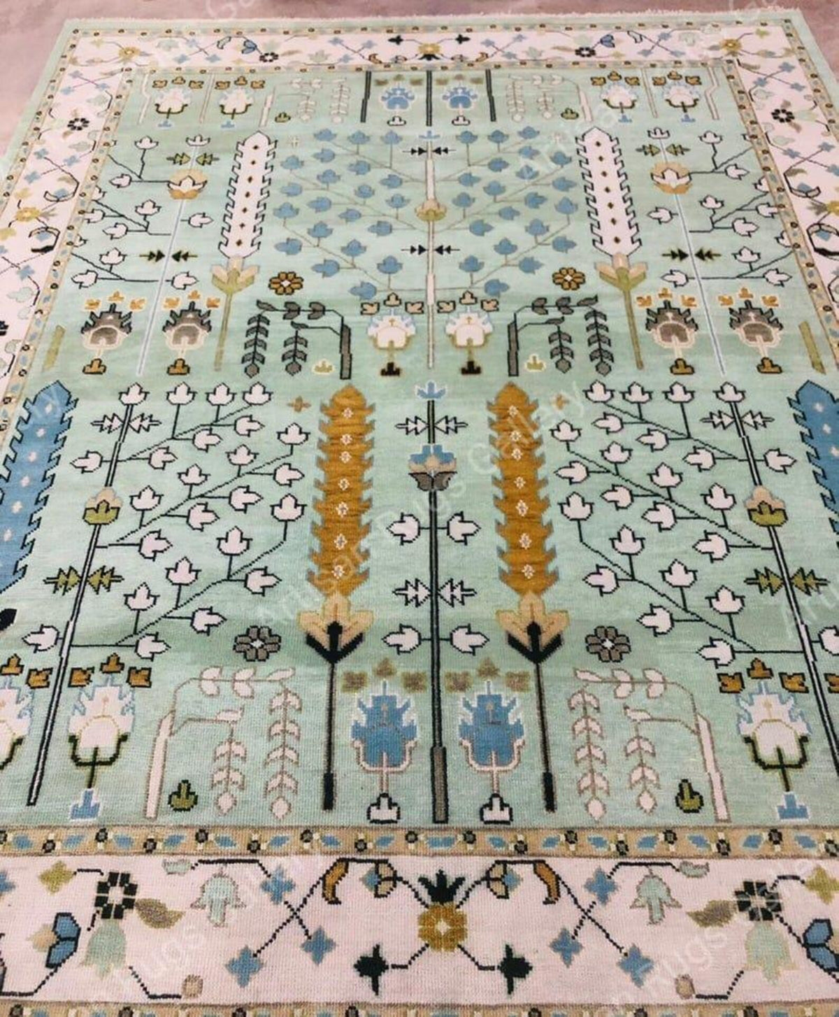 LUNARA Hand Knotted Wool Oushak Rug - Tree of Life, Green & Ivory