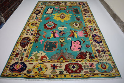 Sky Blue Turquoise  Design Oushak Wool Area Rug